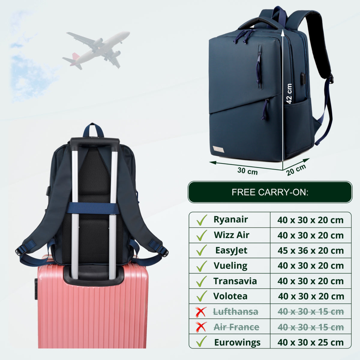 Youth School & College Backpack VIO | Fits 15.6 Laptop A4 | Built-In USB Port | Ryanair & Wizz Air Carry-On For Campus, University & Travel | Water-Resistant – Dark Blue