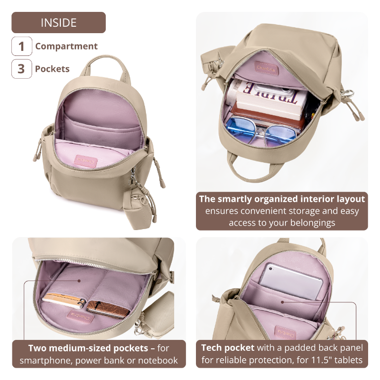 Women's Mini City Backpack Chantria Small & Lightweight | For Going Out & Walks | Fits iPad Phone & Cosmetics | With Keychain Pouch – Beige