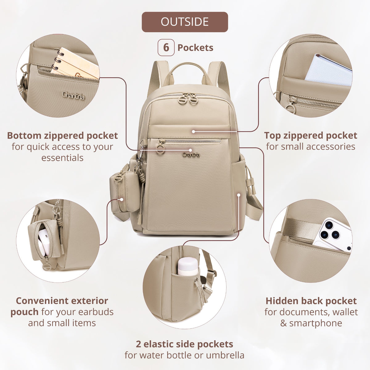 Compact Women's City Backpack Chantria Elegant | Fits iPad & Essentials | With Clip-On Earbuds Case | Smart Pockets | Luggage Strap – Beige