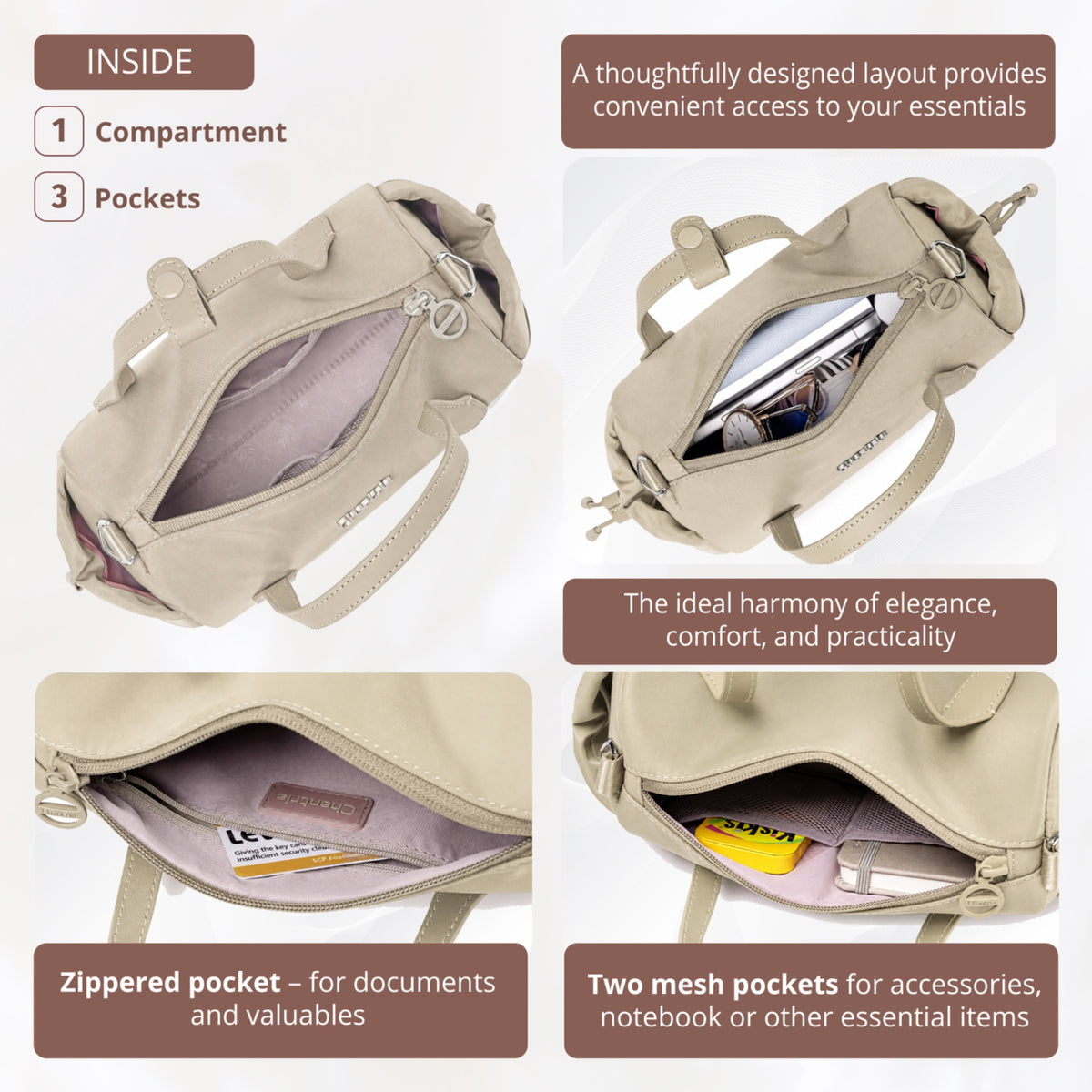 Women's Barrel Cylinder Shoulder Bag Chantria | For Phone, Documents and Essentials | Waterproof Nylon – Beige