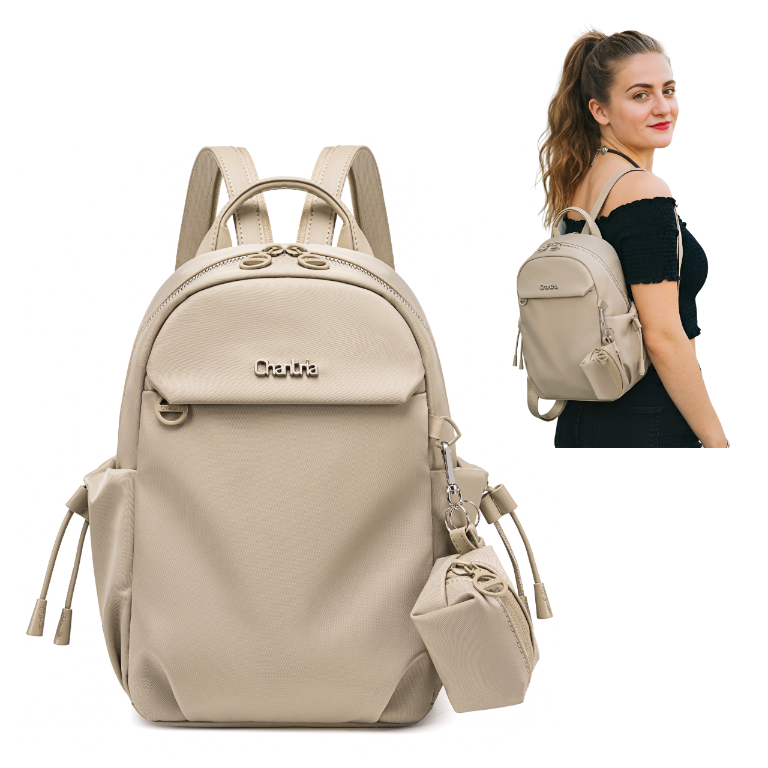Women's Mini City Backpack Chantria Small & Lightweight | For Going Out & Walks | Fits iPad Phone & Cosmetics | With Keychain Pouch – Beige
