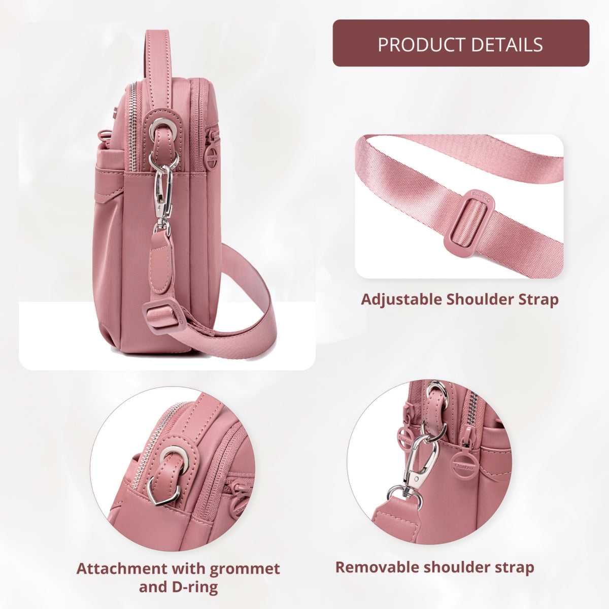 Torebka damska przez ramię crossbody Chantria | Na telefon, dokumenty i niezbędne drobiazgi | Wodoodporny nylon – Antyczna roza