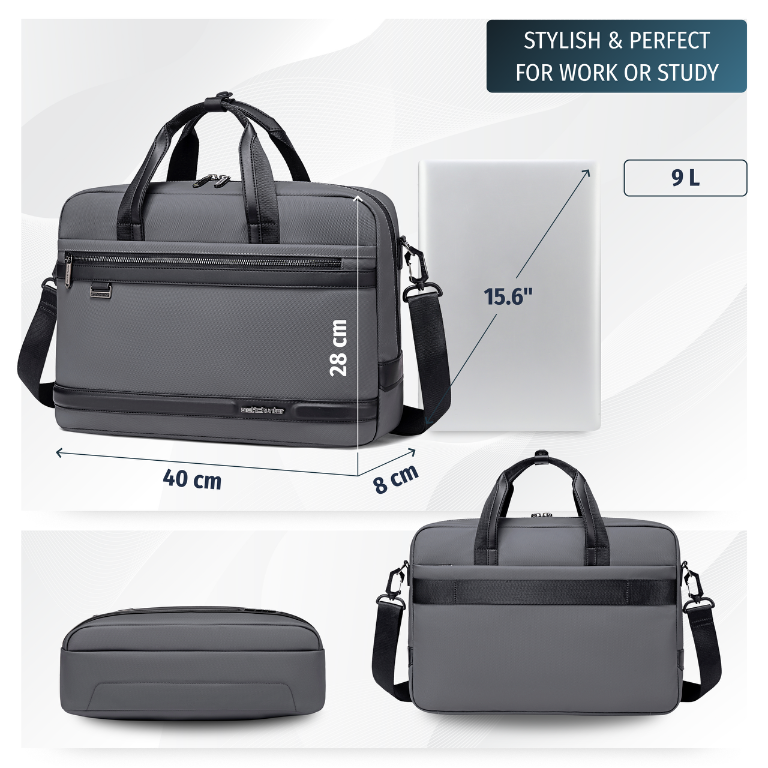 15.6" Laptop Shoulder Bag Arctic Hunter| Luggage Strap | Water Resistant | Business Briefcase – Grey