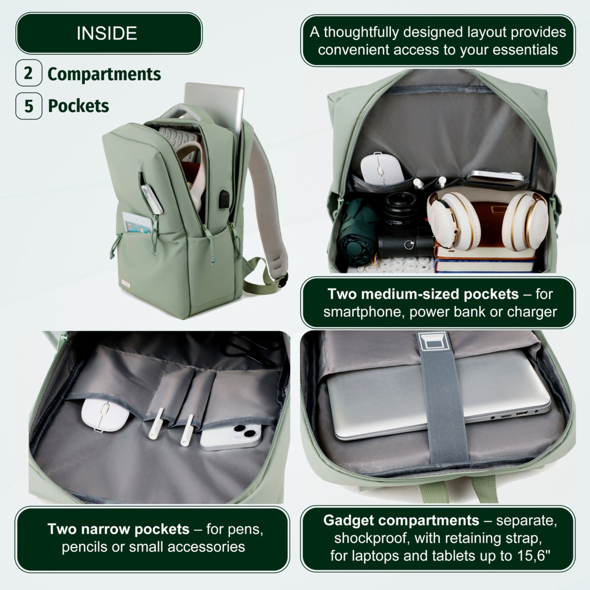 Youth School & College Backpack VIO | Fits 15.6 Laptop A4 | Built-In USB Port | Ryanair & Wizz Air Carry-On For Campus, University & Travel | Water-Resistant – Green