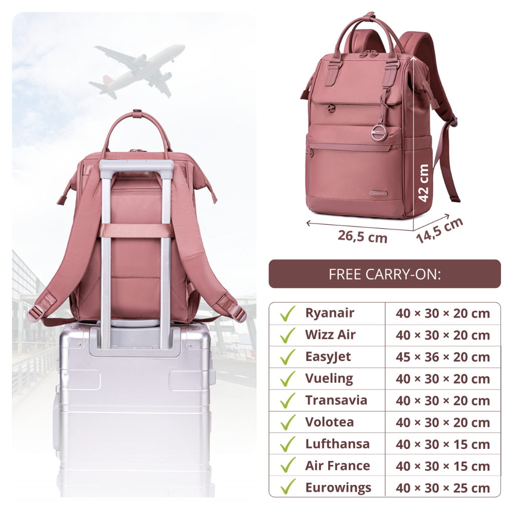 Plecak torba damska Chantria elegancka | Na laptopa 15.6 A4 | Do pracy i jako bagaż podręczny | Wodoodporna – Antyczny Róż