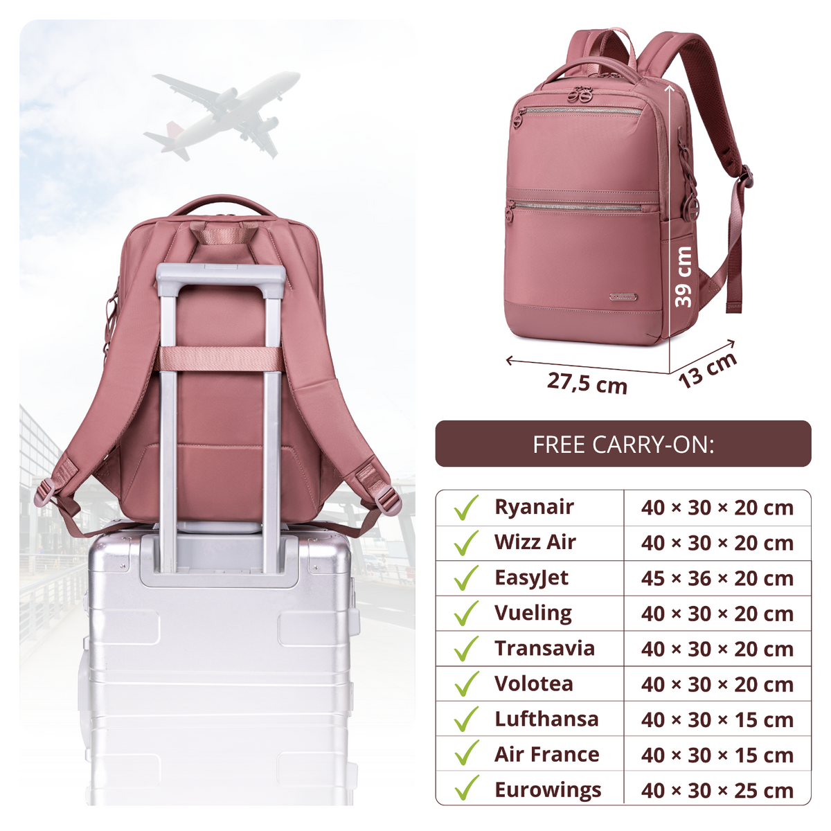 Plecak damski miejski Chantria | Na studia i do pracy | Na laptopa 15.6 książki i teczki A4 | Wiele kieszeni | Bagaż podręczny Ryanair Wizzair – Antyczny Róż