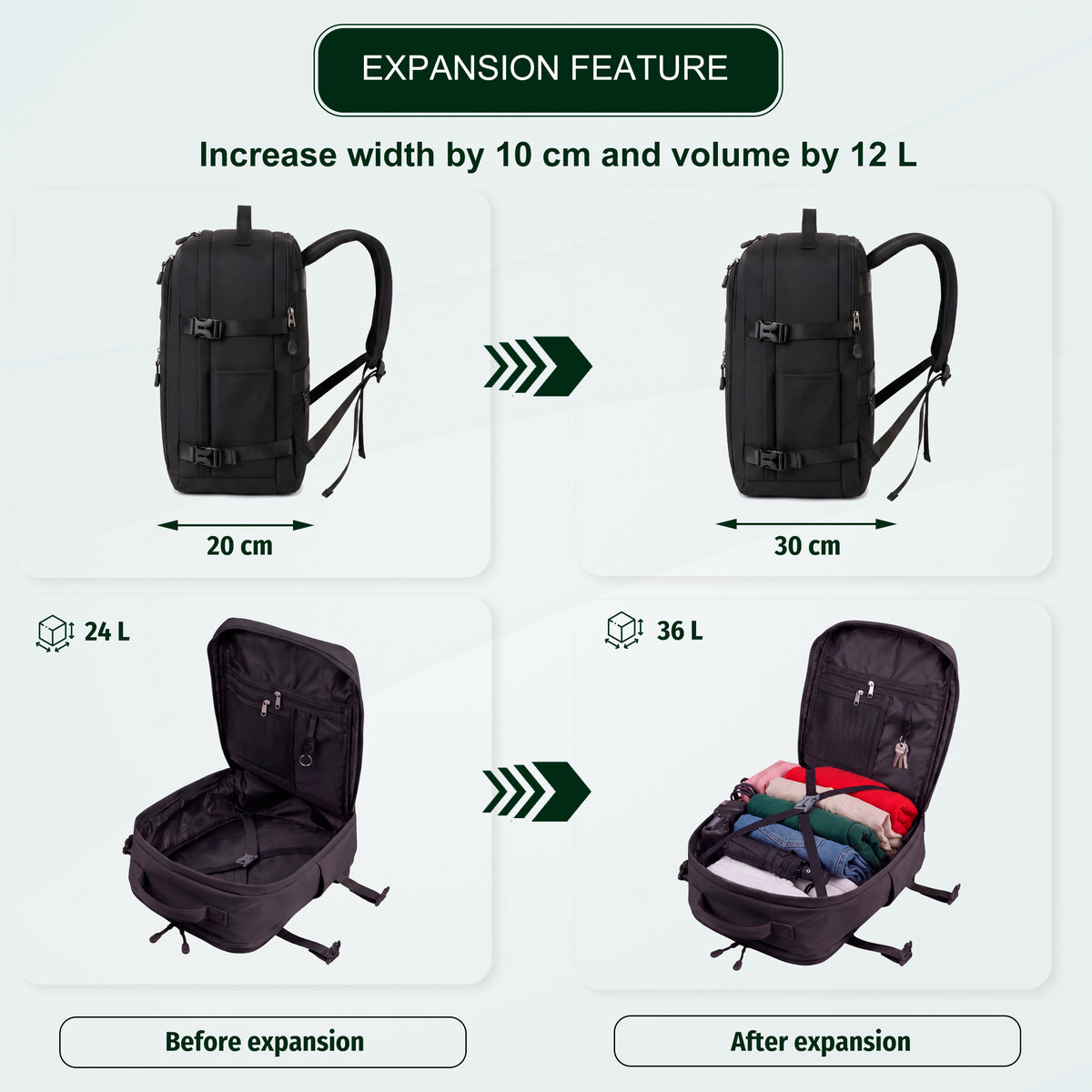Cabin Travel Backpack | 40x30x20 Ryanair WizzAir | Expandable | Free Carry-On – Black