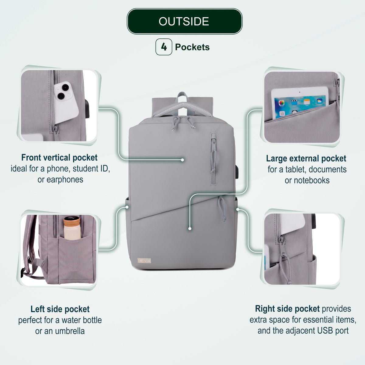 Youth School & College Backpack VIO | Fits 15.6 Laptop A4 | Built-In USB Port | Ryanair & Wizz Air Carry-On For Campus, University & Travel | Water-Resistant – Light Grey