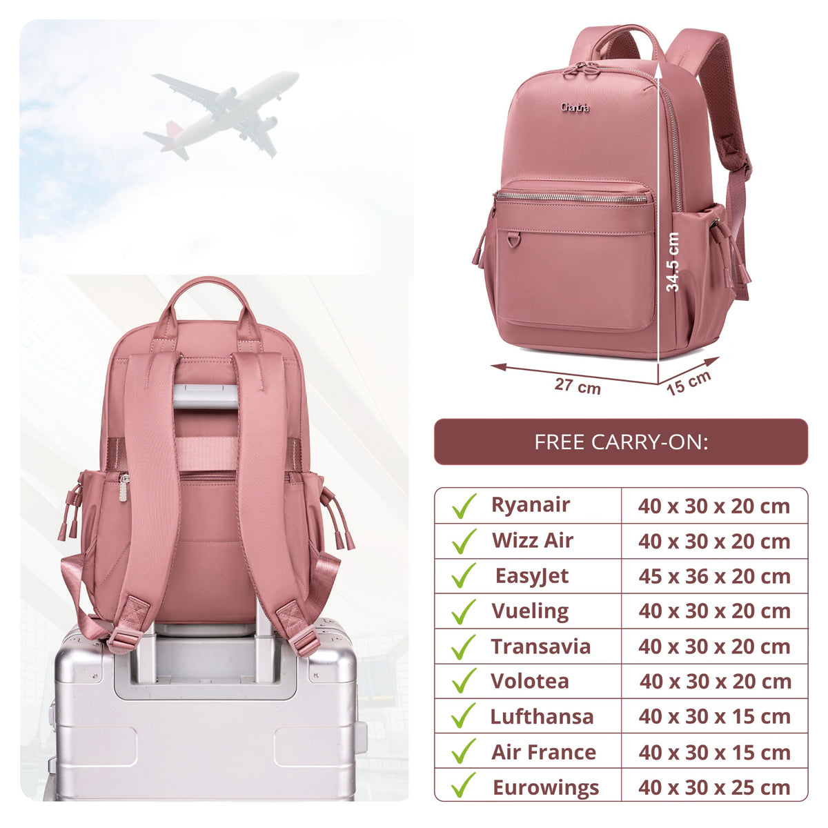 Plecak damski miejski Chantria elegancki | Na MacBook Air 13" i iPad | Funkcjonalne wnętrze i kieszeń anti-theft | Na co dzień i w podróż | Pas na walizkę – Antyczny róż