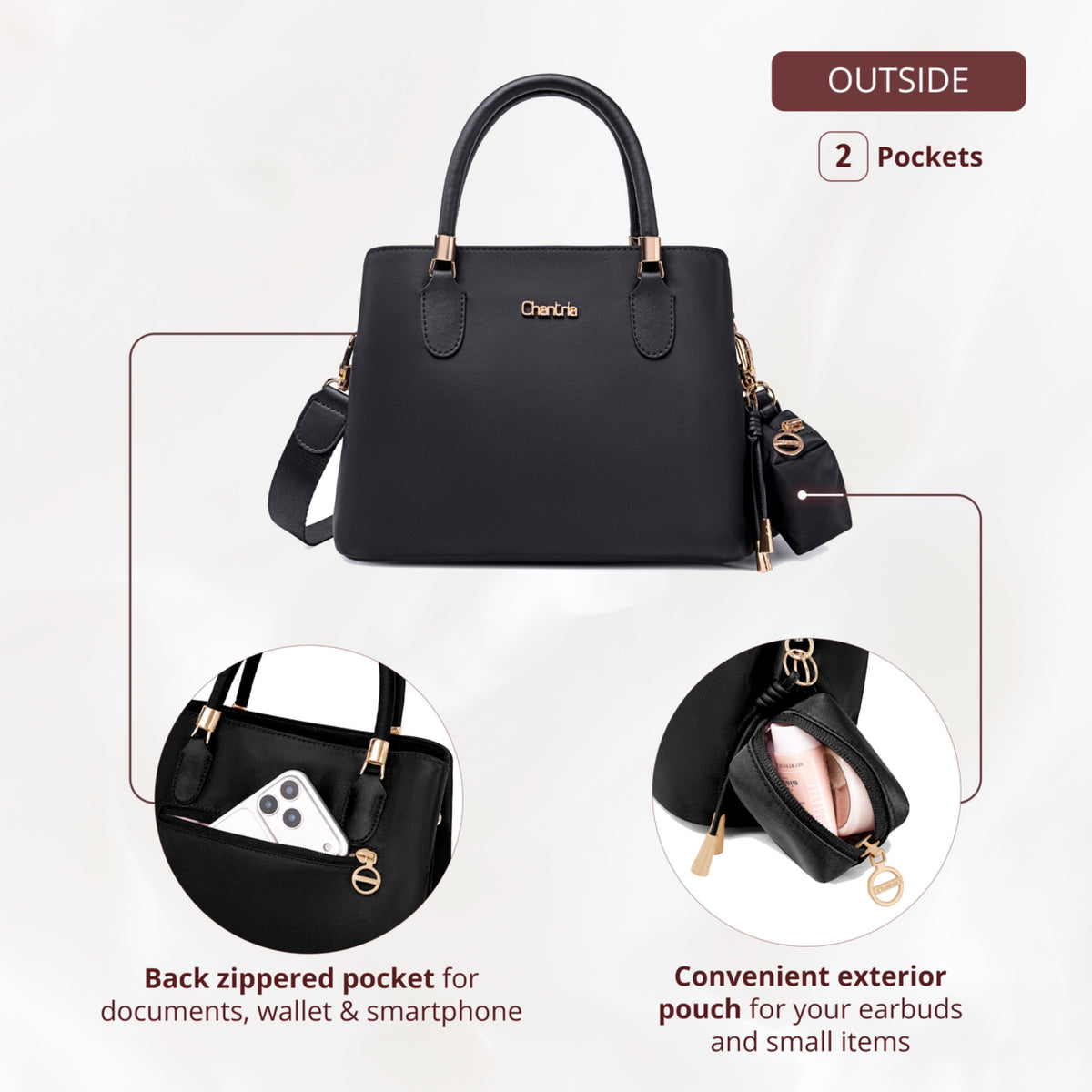 Women's Shoulder Bag Chantria | 2 Independent Compartments, Pockets & Earphone Case | Waterproof Nylon – Black