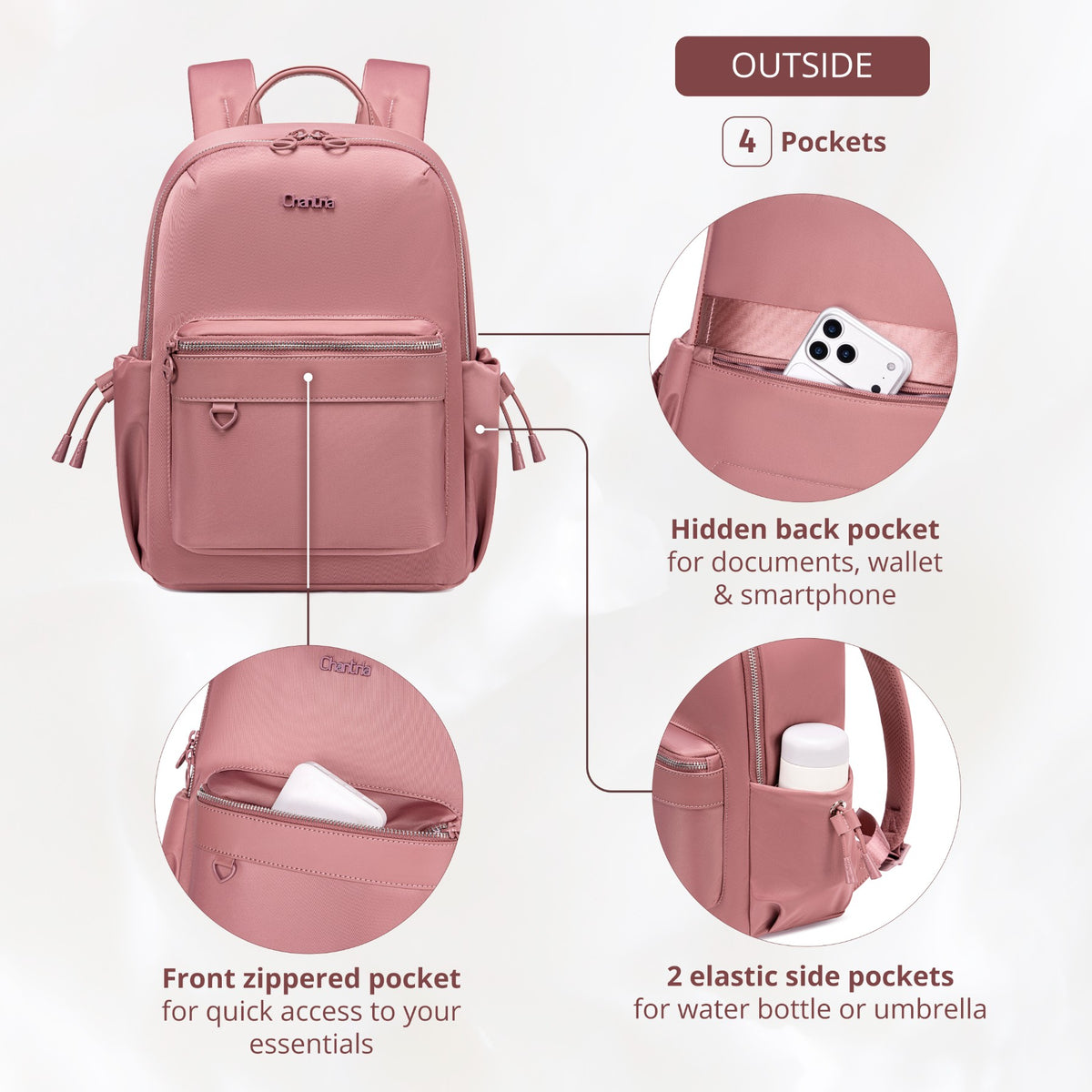 Plecak damski miejski Chantria elegancki | Na MacBook Air 13" i iPad | Funkcjonalne wnętrze i kieszeń anti-theft | Na co dzień i w podróż | Pas na walizkę – Antyczny róż