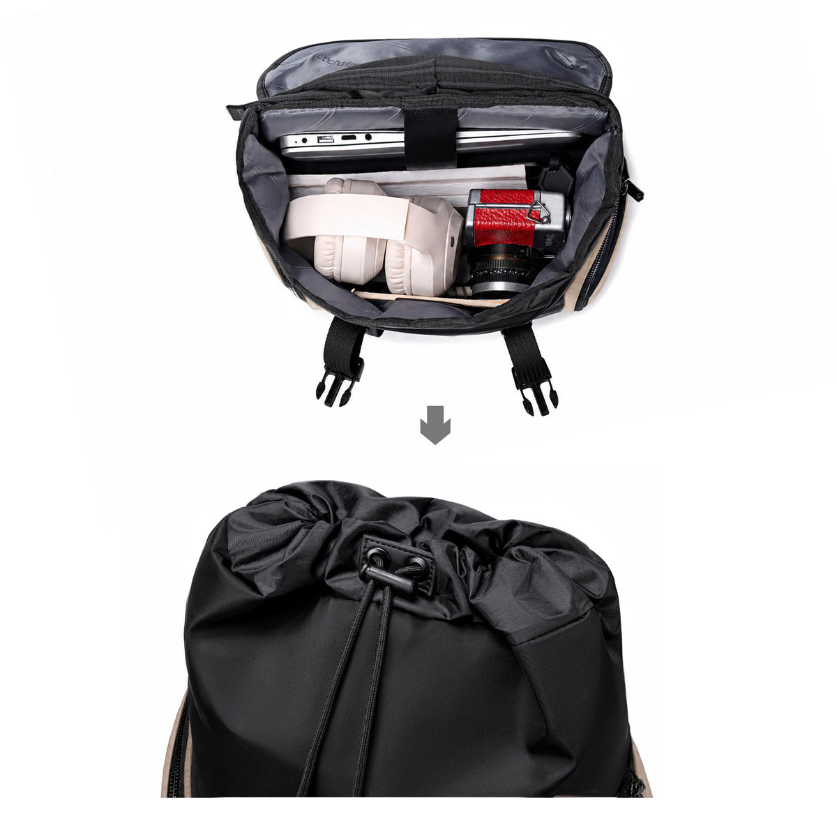 Plecak casual męski z klapą beżowy wiele kiszeni  laptop 15,6 pojemny 18 L