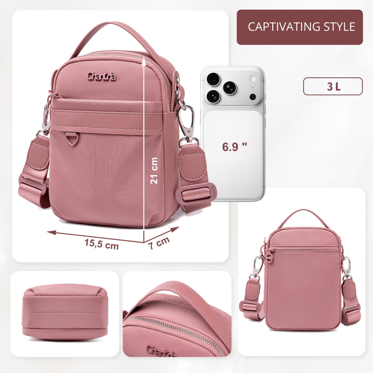 Torebka damska przez ramię crossbody Chantria | Na telefon, dokumenty i niezbędne drobiazgi | Wodoodporny nylon – Antyczna roza