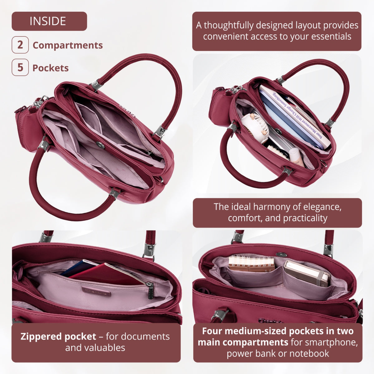 Women's Shoulder Bag Chantria | 2 Independent Compartments, Pockets & Earphone Case | Waterproof Nylon – Berry