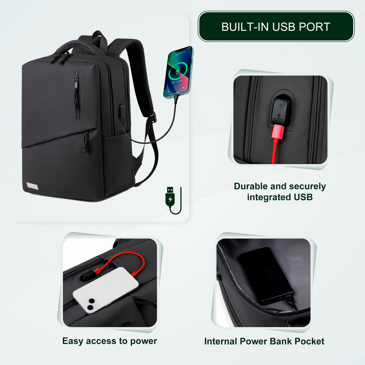 Youth School & College Backpack VIO | Fits 15.6 Laptop A4 | Built-In USB Port | Ryanair & Wizz Air Carry-On For Campus, University & Travel | Water-Resistant – Black