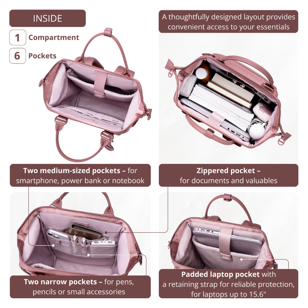Plecak torba damska Chantria elegancka | Na laptopa 15.6 A4 | Do pracy i jako bagaż podręczny | Wodoodporna – Antyczny Róż