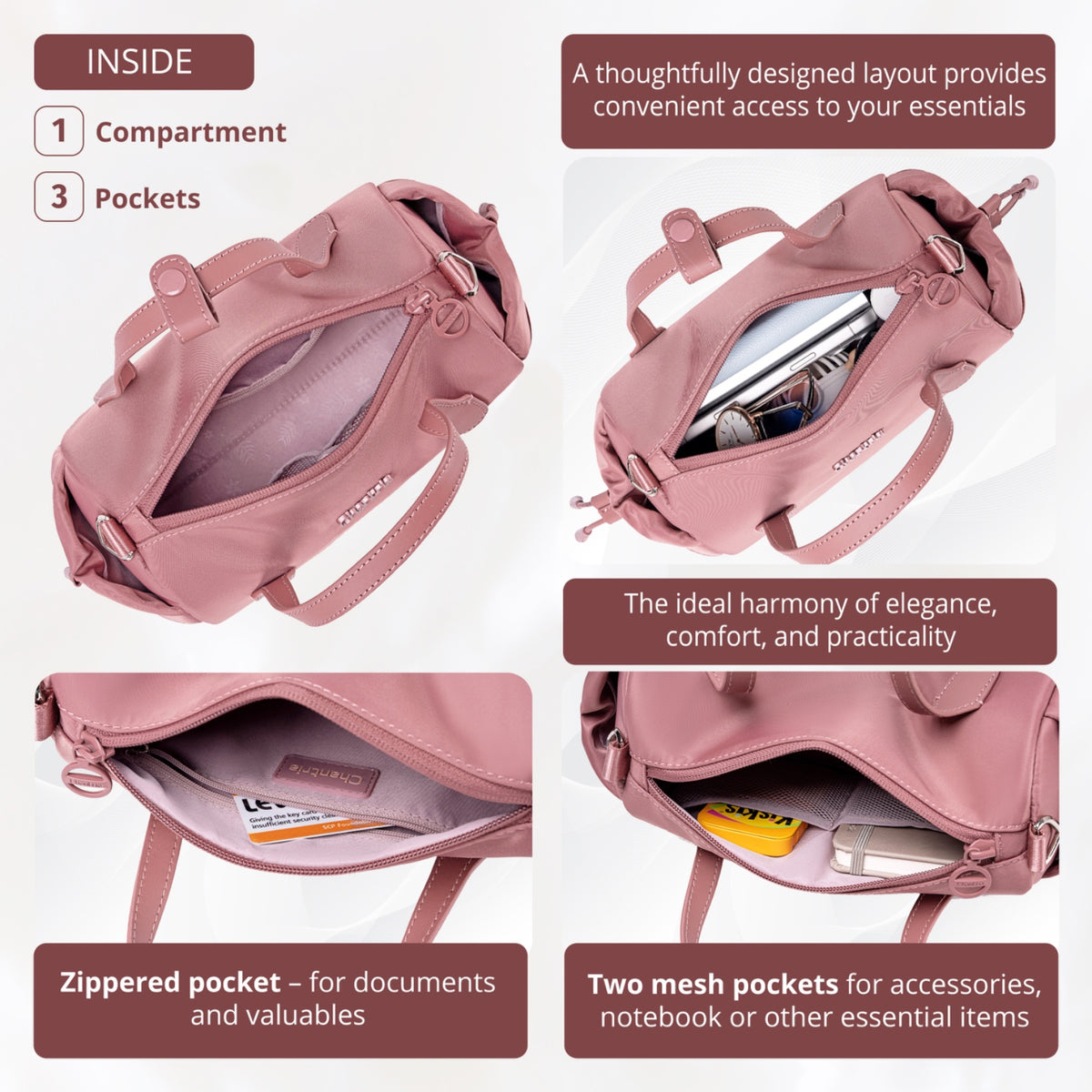Women's Barrel Cylinder Shoulder Bag Chantria | For Phone, Documents and Essentials | Waterproof Nylon – Antique Rose