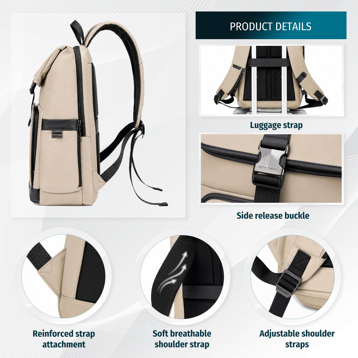 Nowoczesny plecak męski z klapą | Laptop 15.6" | Pasek na walizkę | Wiele kieszeni organizer – Beżowy