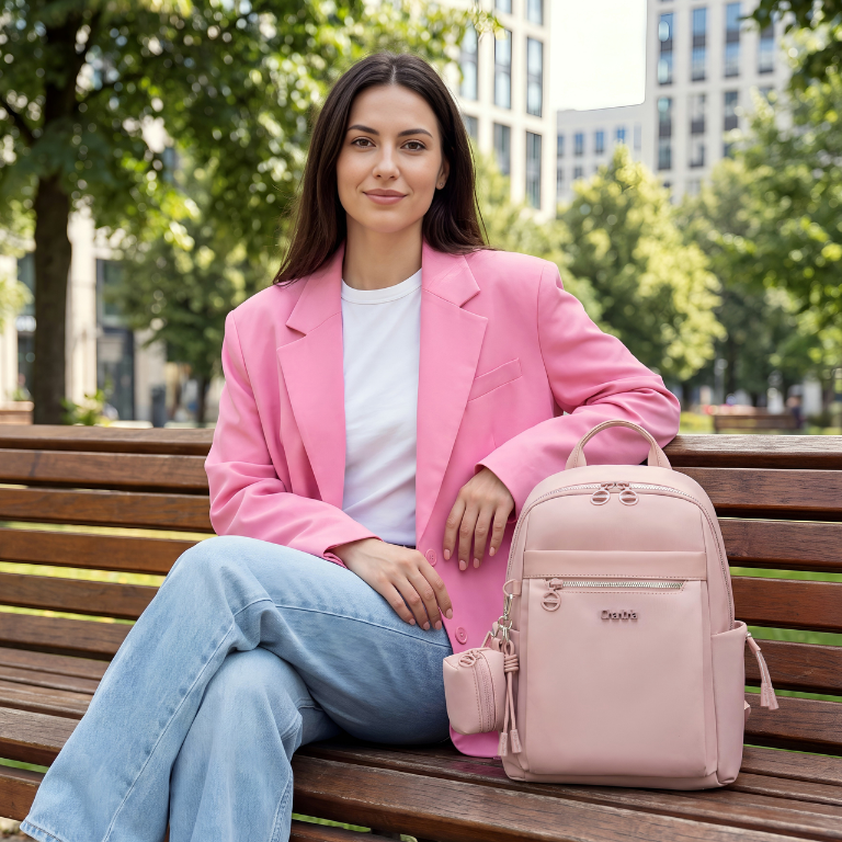 Compact Women's City Backpack Chantria Elegant | Fits iPad & Essentials | With Clip-On Earbuds Case | Smart Pockets | Luggage Strap – Powder Pink