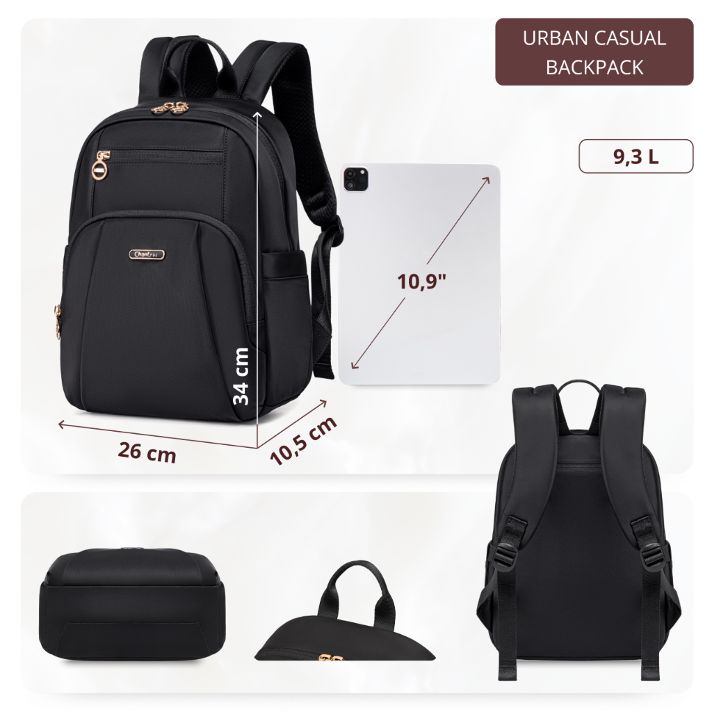 Plecak damski miejski Chantria elegancki lekki | Na tablet iPad | Z nylonu wodoodporny – Czarny