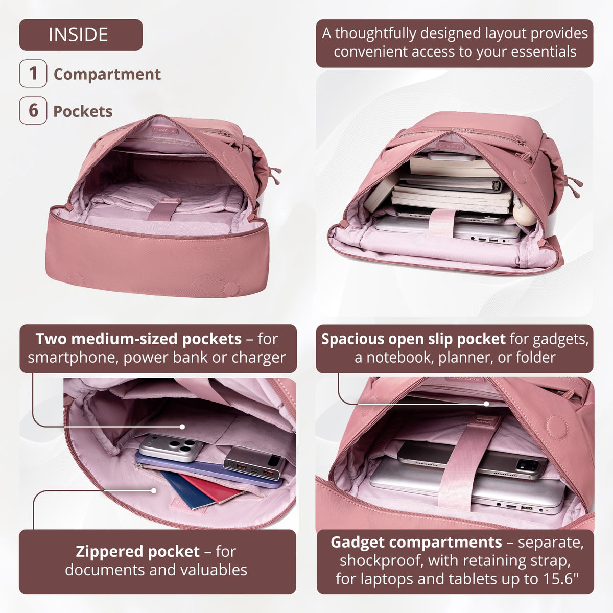 Plecak rolltop damski Chantria | 12 kieszeni | Laptop 15.6", iPad, A4 | Pas na walizkę – Antyczny róż