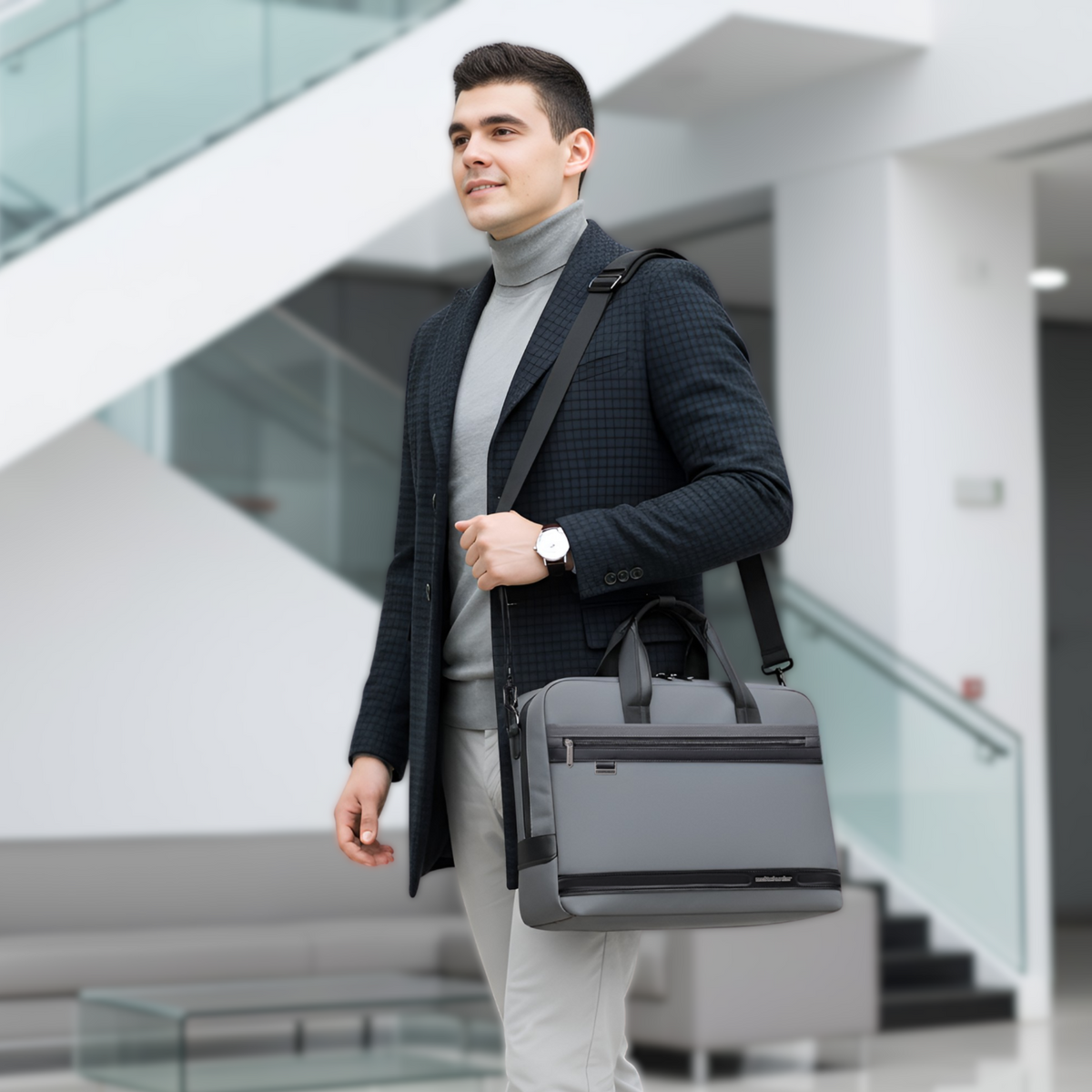 Torba na ramię na laptop 15,6 biznesowa elegancka szara 40X28X8 9L do pracy