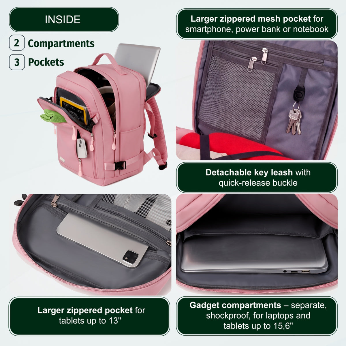 Cabin Travel Backpack | 40x30x20 Ryanair WizzAir | Expandable | Free Carry-On – Pink