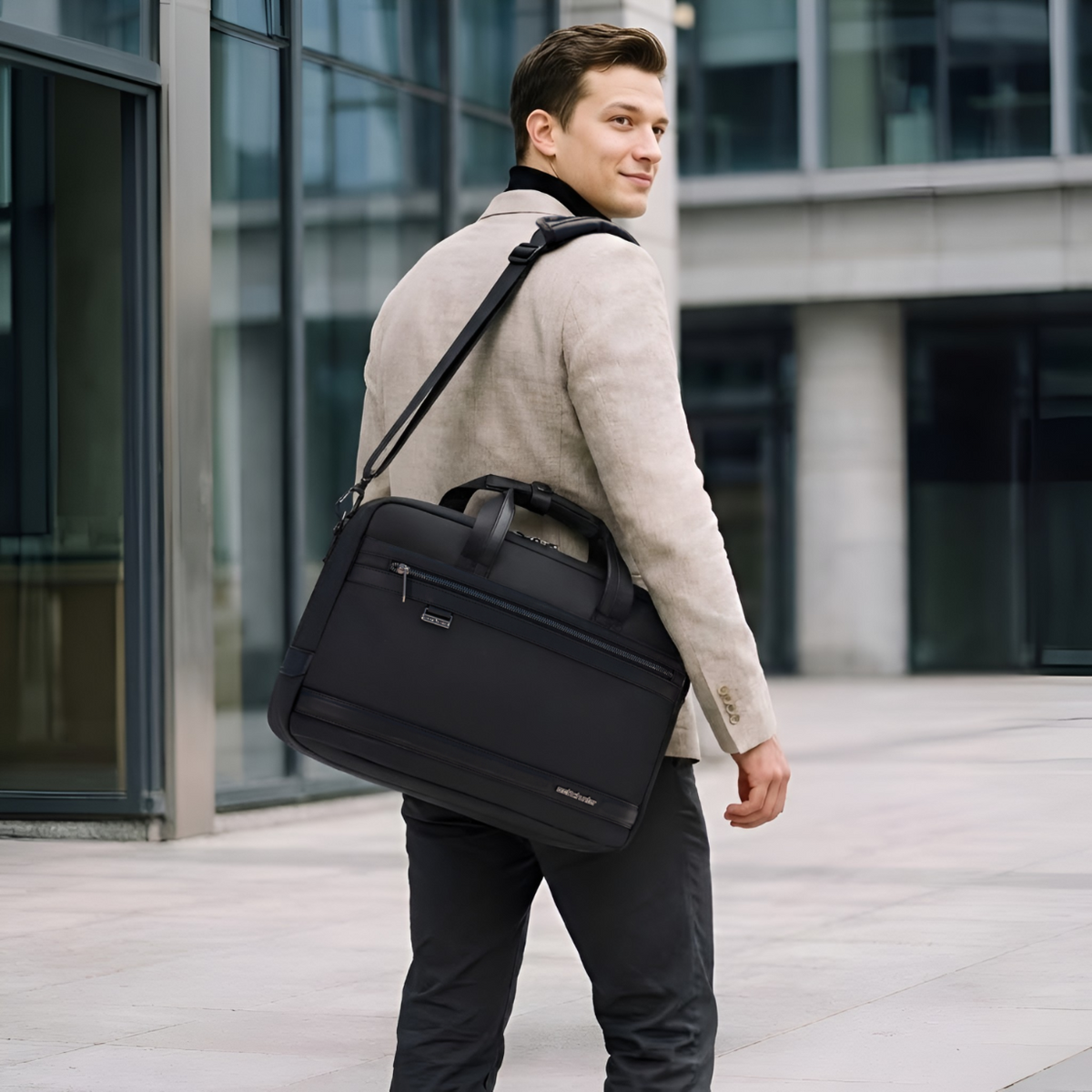 15.6" Laptop Shoulder Bag | Luggage Strap | Water-Resistant | Business Briefcase - Black