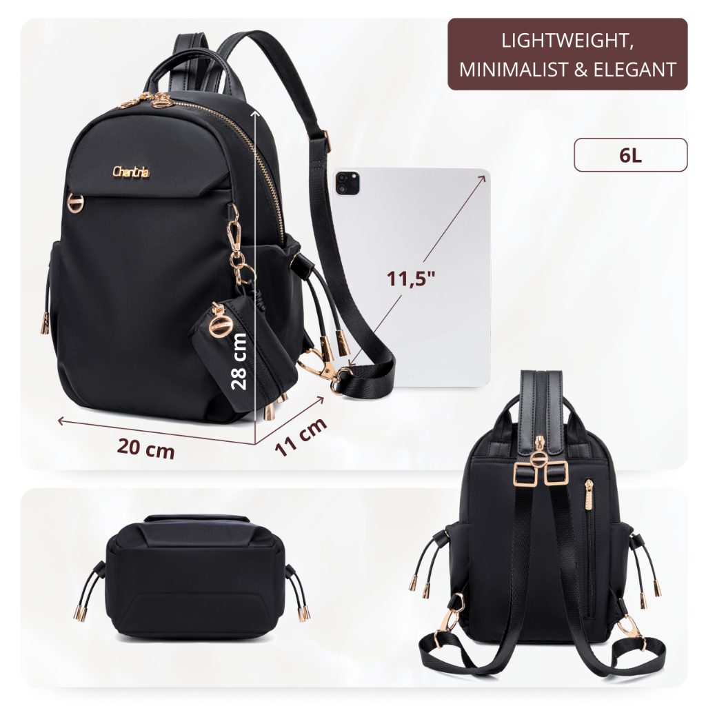 Women's Mini City Backpack Chantria Small & Lightweight | For Going Out & Walks | Fits iPad Phone & Cosmetics | With Keychain Pouch – Black