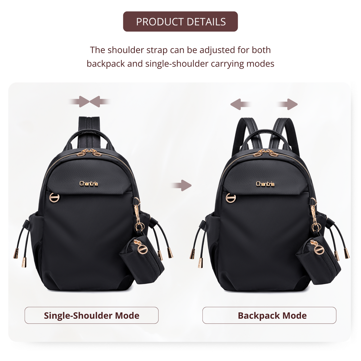Women's Mini City Backpack Chantria Small & Lightweight | For Going Out & Walks | Fits iPad Phone & Cosmetics | With Keychain Pouch – Black