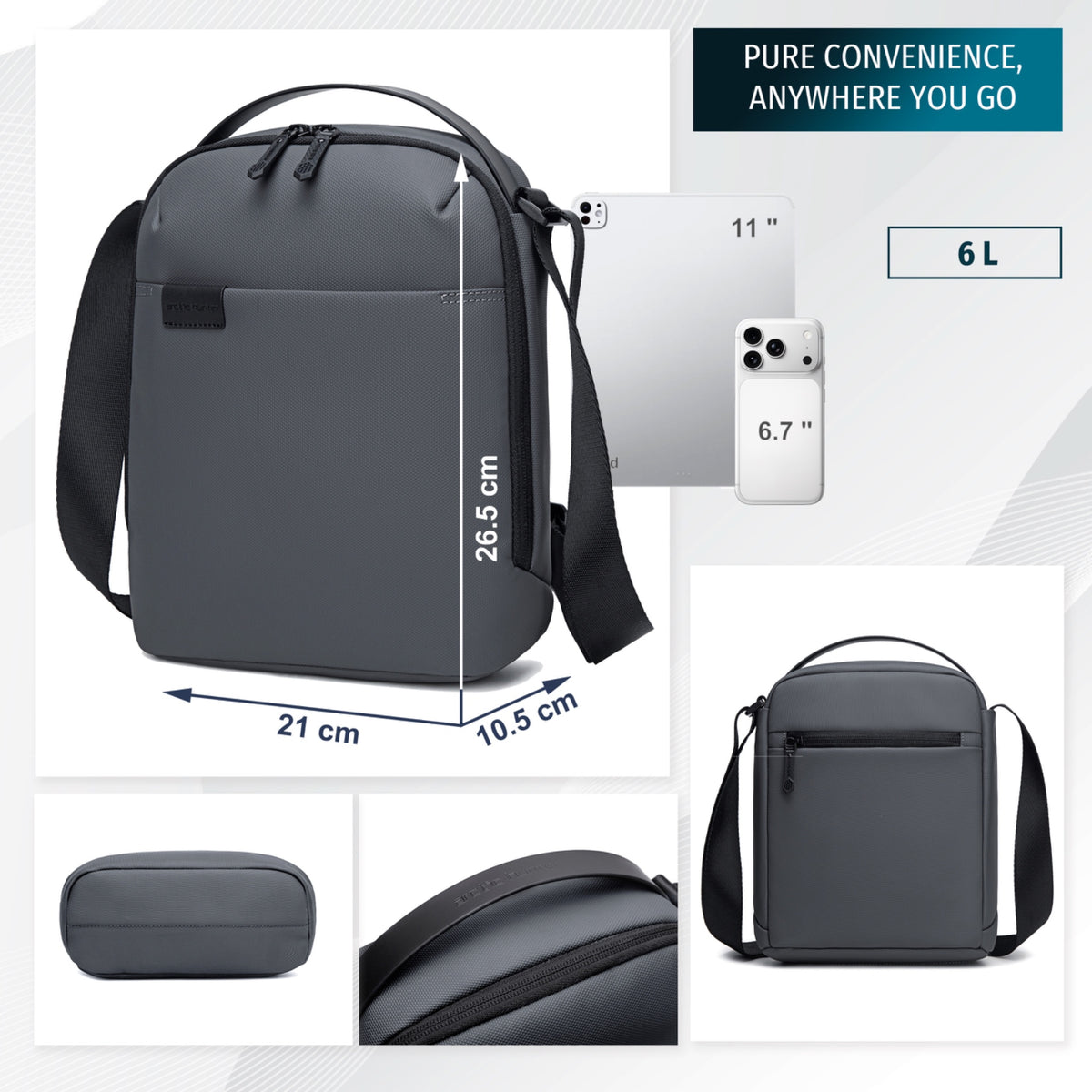 Compact Shoulder Bag Arctic Hunter | Tablet Sleeve | Key Clip | 8 Pockets – Grey