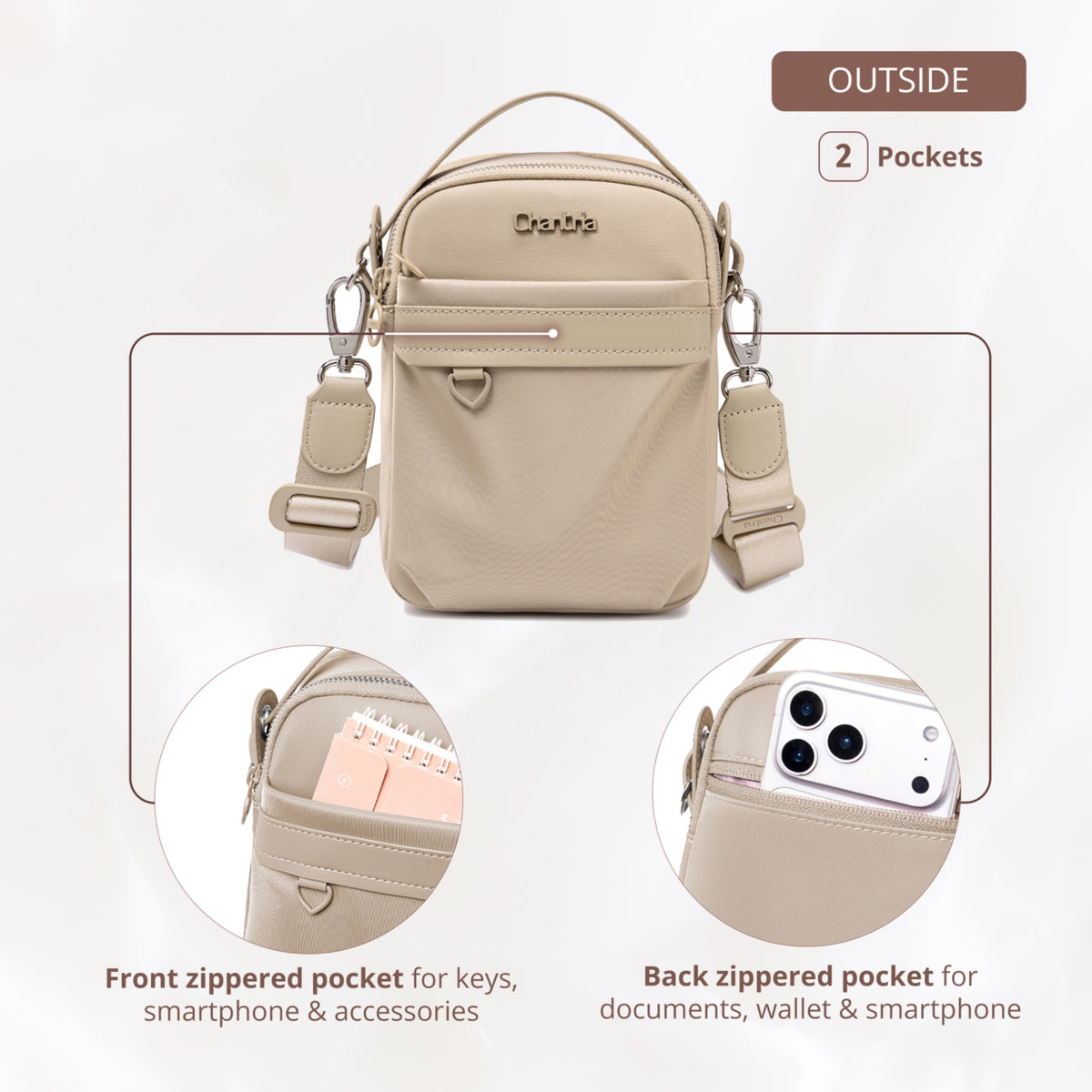 Women's Crossbody Shoulder Bag Chantria | For Phone, Documents and Essentials | Waterproof Nylon – Beige