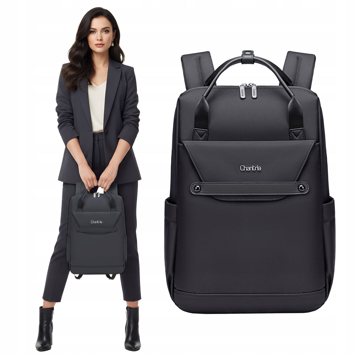 Plecak damski torba Chantria elegancki | Na laptopa 15.6 A4 | Do biura i stylizacji biznesowych | Wodoodporny – Czarny