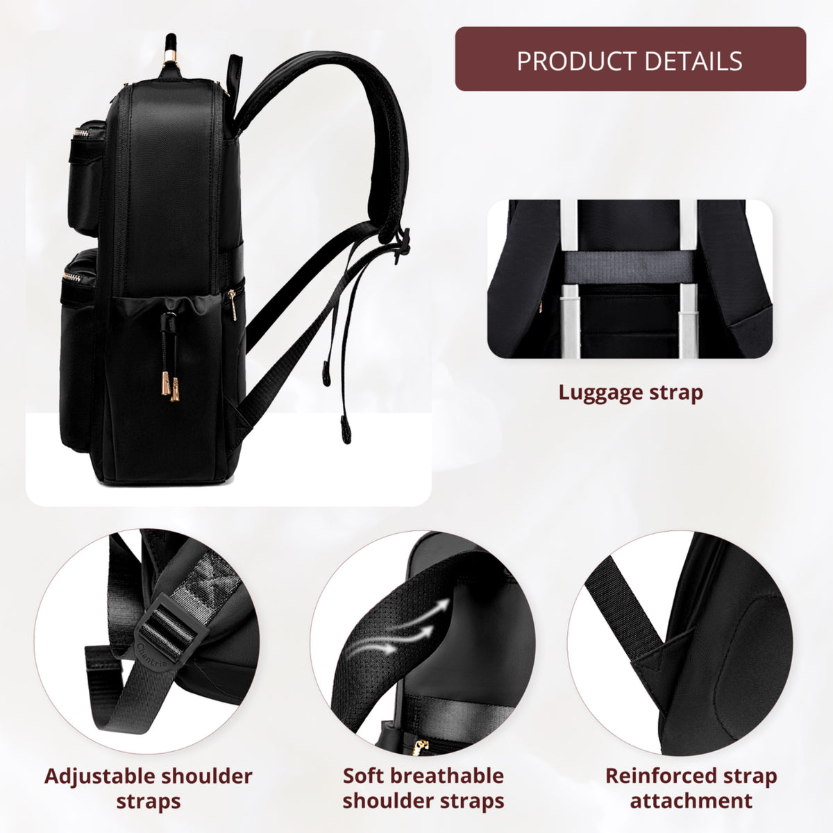 Plecak organizer damski Chantria | 2 komory, 15 kieszeni | Laptop 15.6", iPad, A4 | Pas na walizkę – Czarny