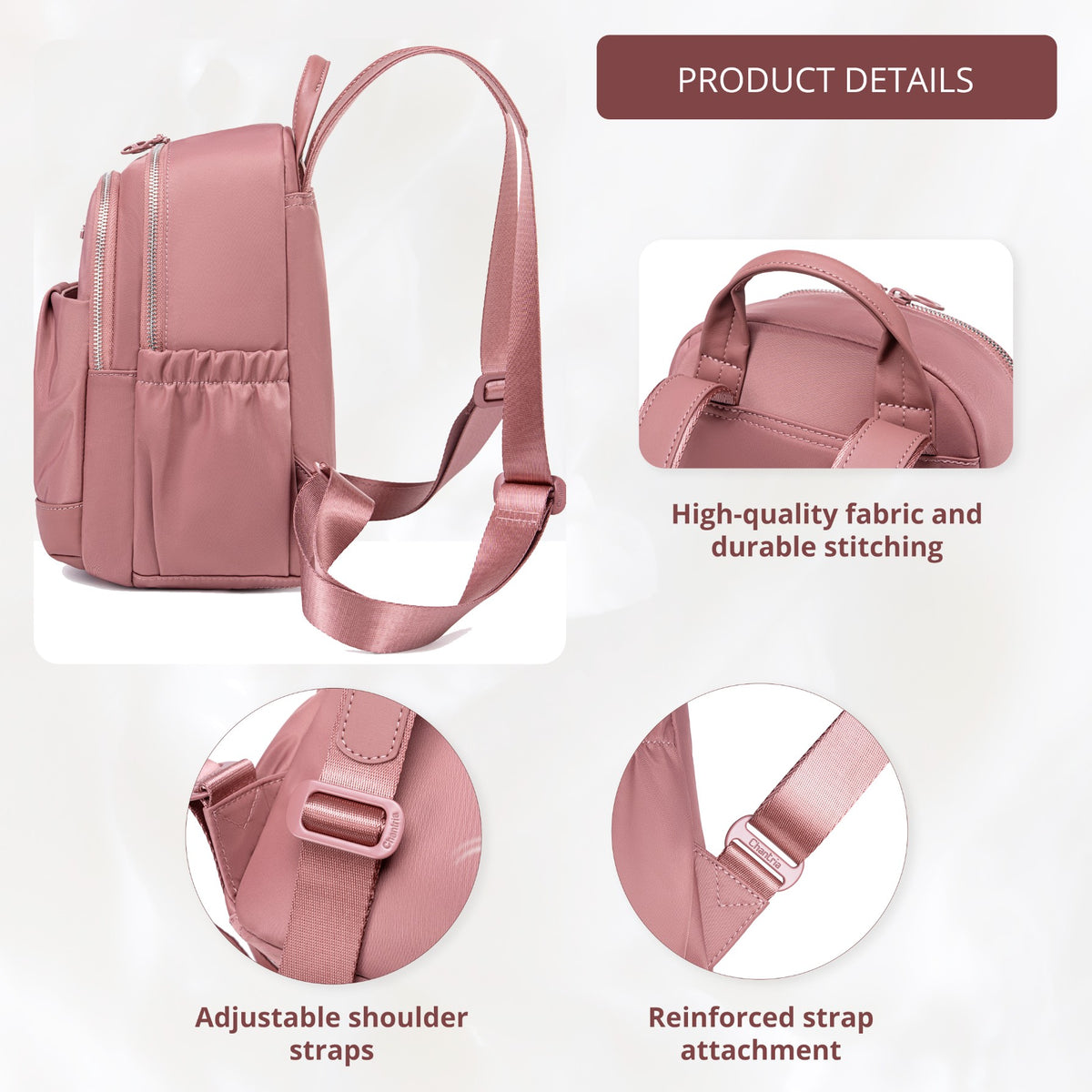 Plecaczek damski Chantria miejski | 2 komory, 10 kieszeni | Na tablet 11" | Etui na słuchawki – Antyczny róż