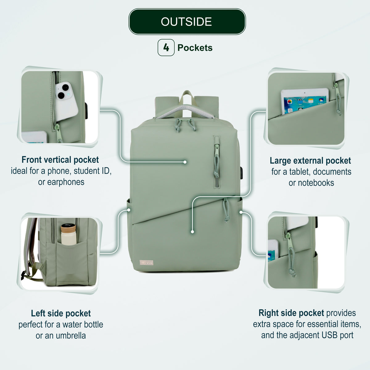 Youth School & College Backpack VIO | Fits 15.6 Laptop A4 | Built-In USB Port | Ryanair & Wizz Air Carry-On For Campus, University & Travel | Water-Resistant – Green