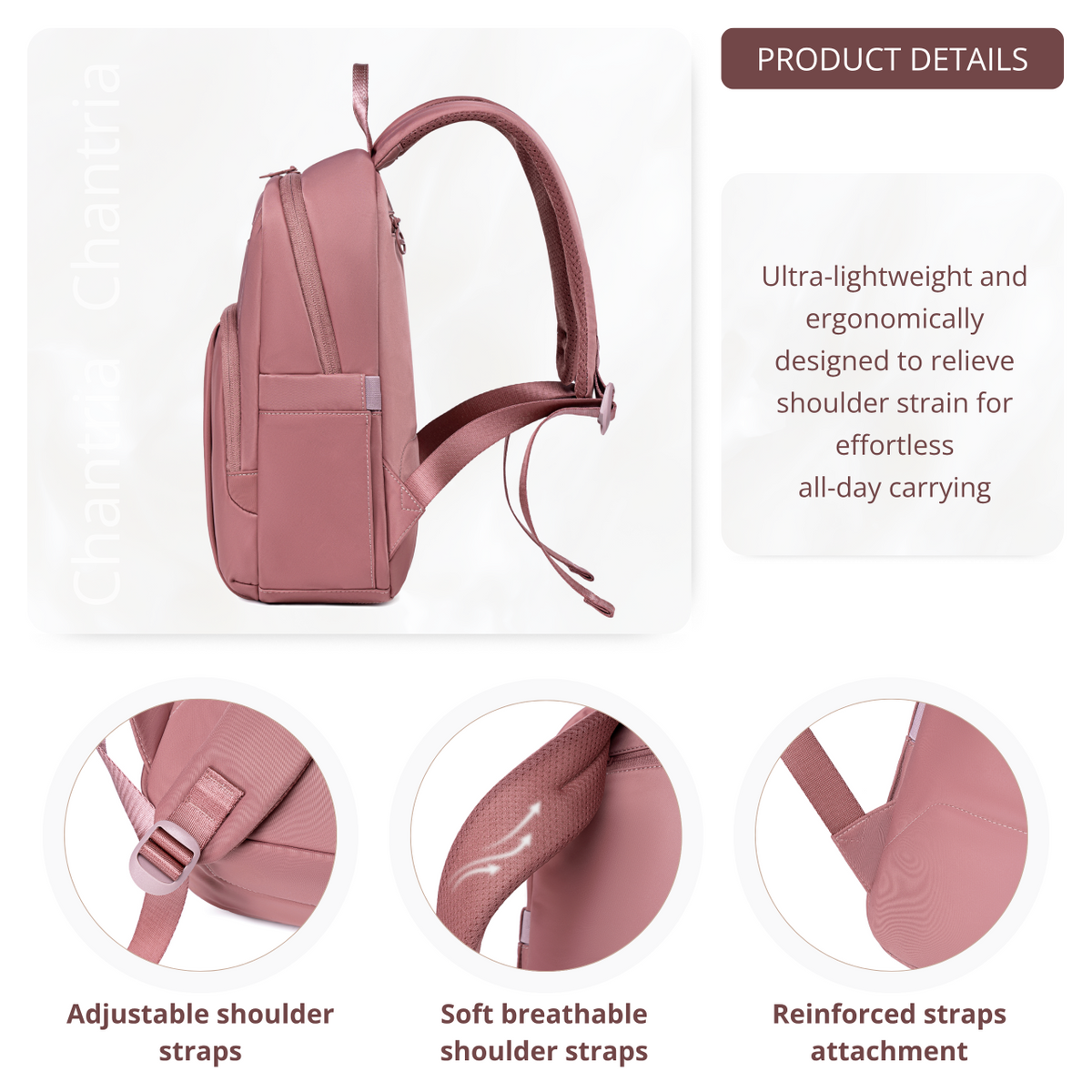 Women's Elegant City Backpack Chantria lightweight | Fits iPad Tablet | Waterproof Nylon – Antique Rose