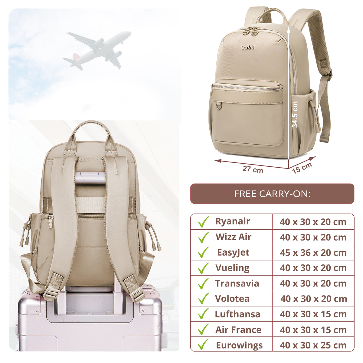 Women's City Backpack Chantria Elegant | Fits MacBook Air 13" & iPad | Smart Multi-Pockets & Anti-Theft | Everyday Casual & Travel | Luggage Strap – Beige