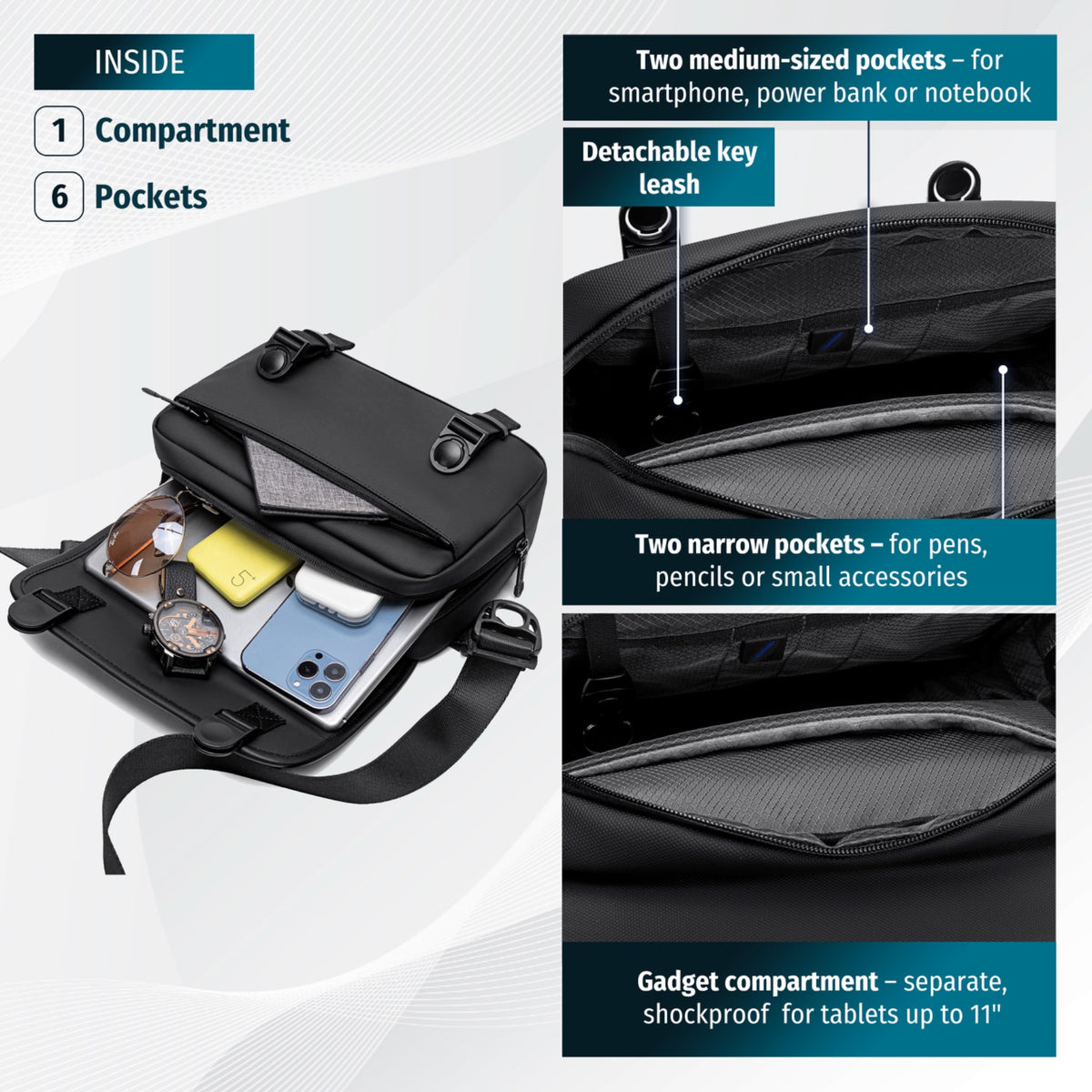 Crossbody Messenger Bag Arctic Hunter | 11" Tablet | Phone & Documents – Black