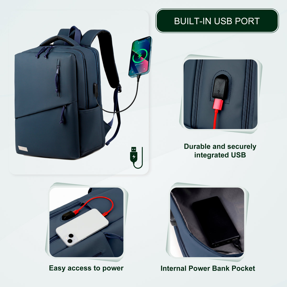 Youth School & College Backpack VIO | Fits 15.6 Laptop A4 | Built-In USB Port | Ryanair & Wizz Air Carry-On For Campus, University & Travel | Water-Resistant – Dark Blue
