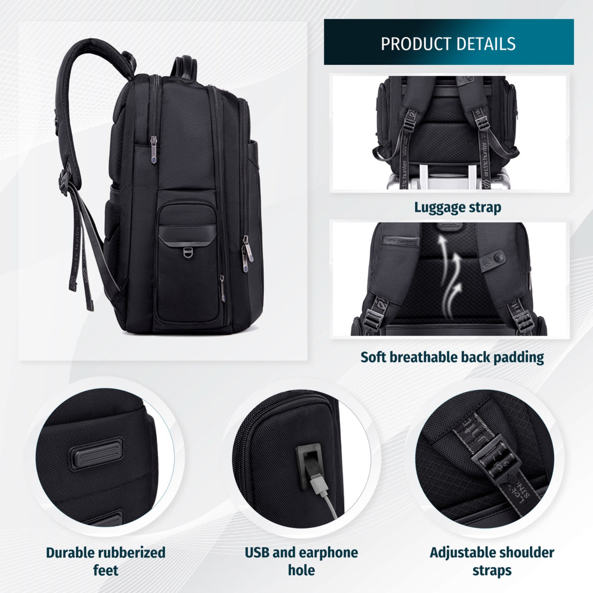 Miejski plecak biznesowy Arctic Hunter | Duży Laptop 17" | Pasek na walizkę | Komora podróżna 180° – Czarny