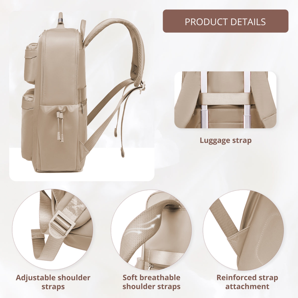 Chantria Women's Organizer Backpack | 2 Compartments, 15 Pockets | Fits 15.6" Laptop, iPad, A4 | Luggage Strap – Beige