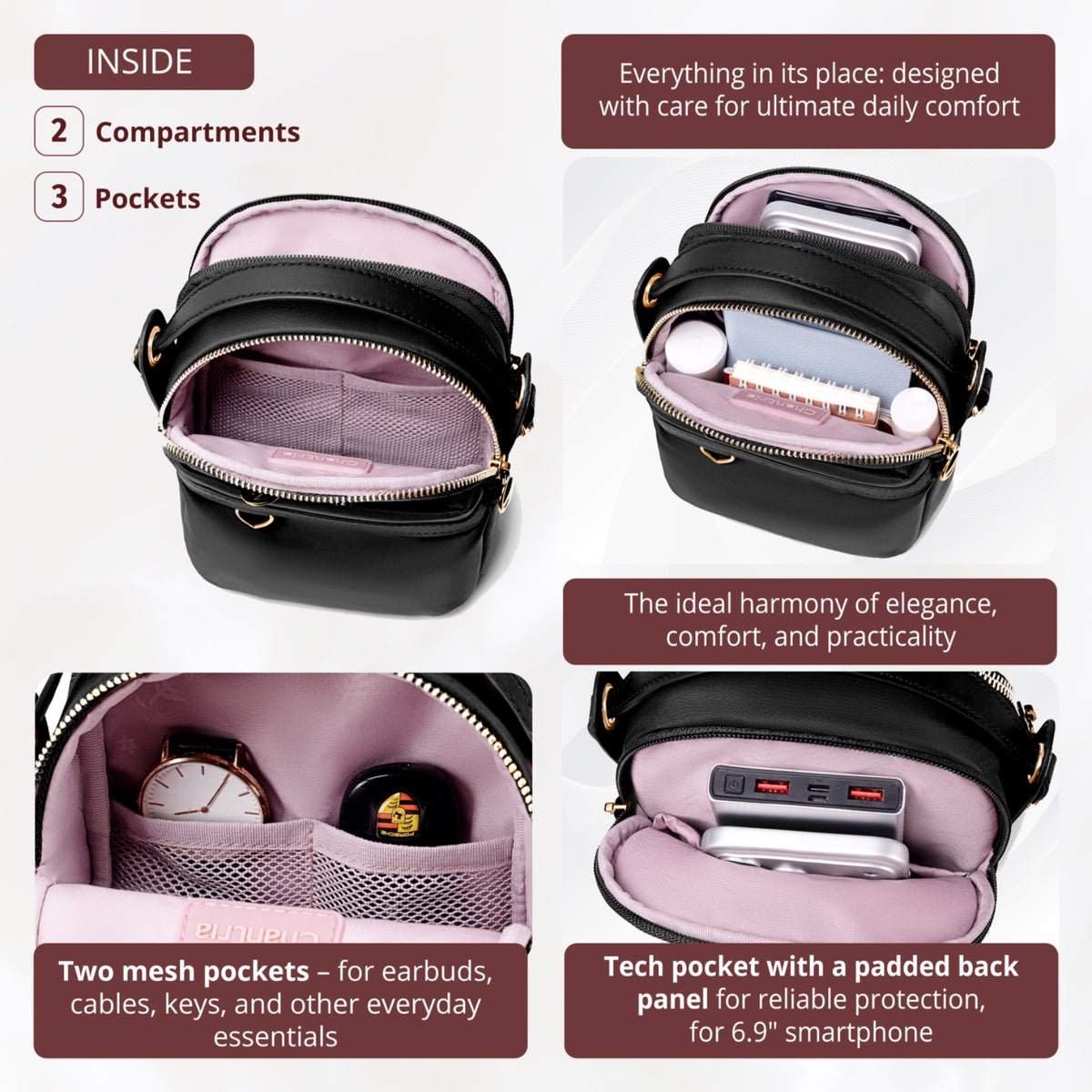 Women's Crossbody Shoulder Bag Chantria | For Phone, Documents and Essentials | Waterproof Nylon – Black