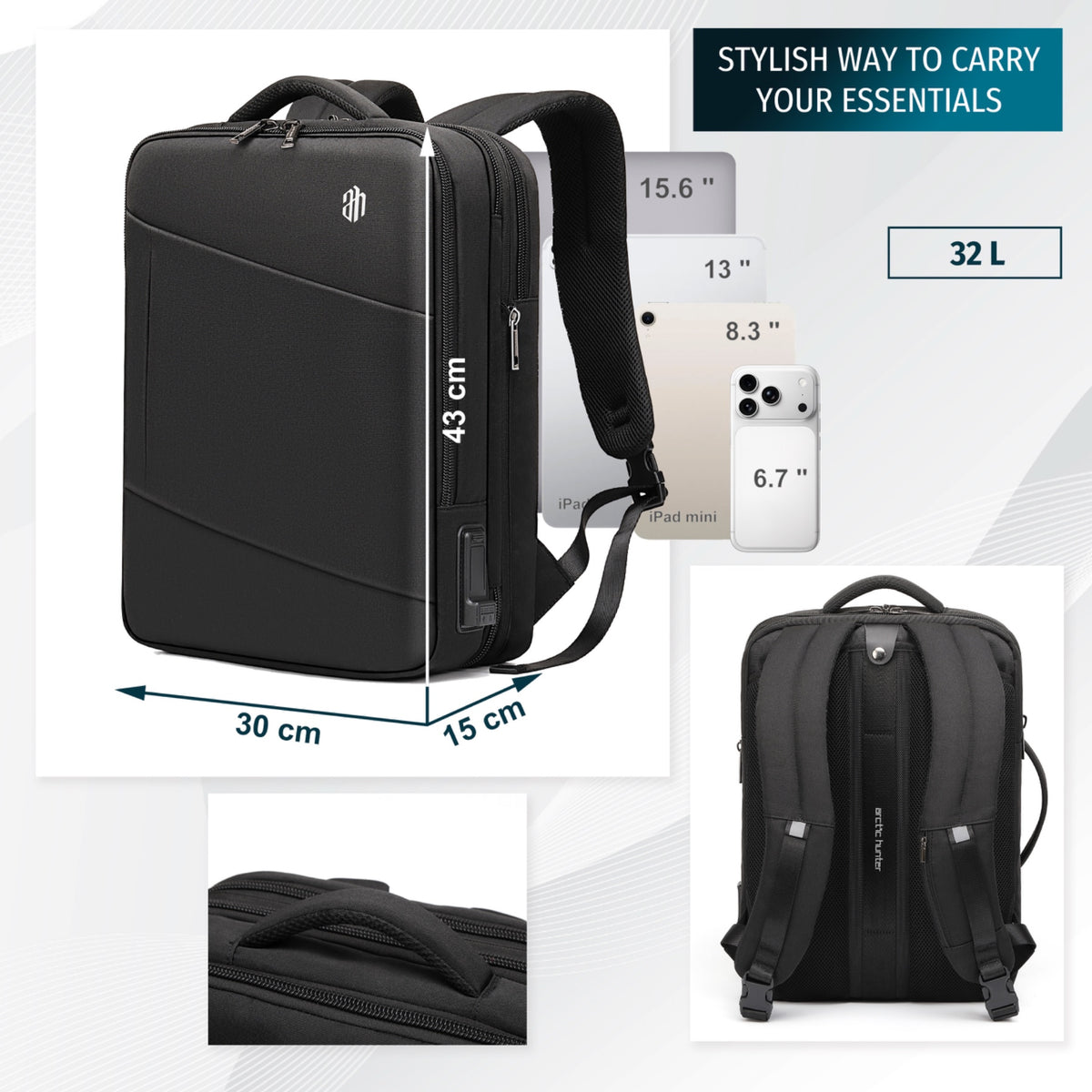 Plecak do samolotu bagaż podręczny Arctic Hunter | Rozszerzany +9cm | Port USB | Laptop 15.6" | Komora 180° – Czarny