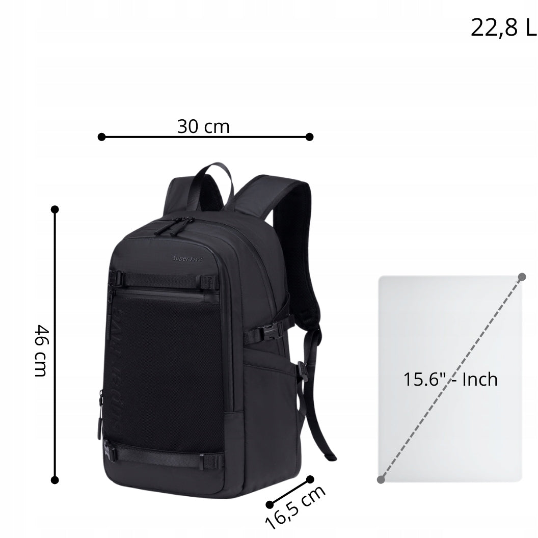 Czarny plecak miejski dla aktywnej młodzieży, 23 l, wodoodporny, na laptopa 15,6", podróżny. SUPER FIVE FB699 Black