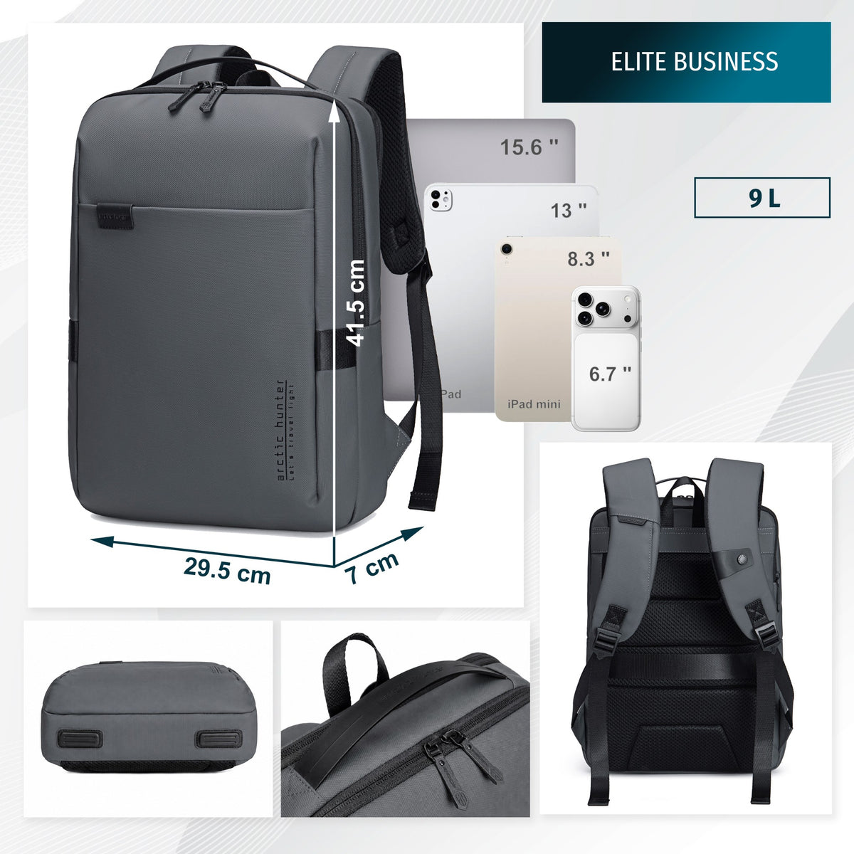 Plecak na co dzień Arctic Hunter | Laptop 15.6" | Wodoodporny poliester – Szary