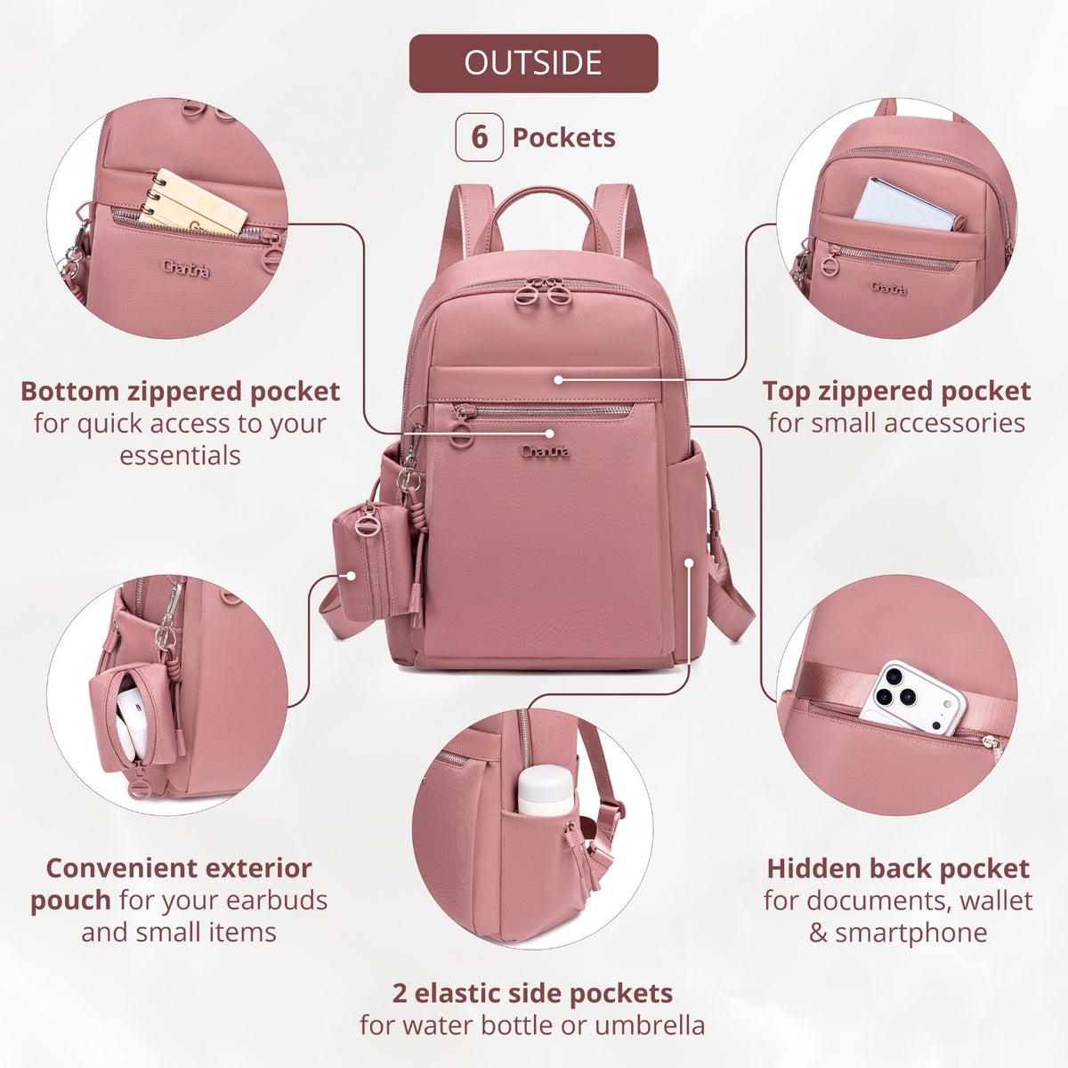 Compact Women's City Backpack Chantria Elegant | Fits iPad & Essentials | With Clip-On Earbuds Case | Smart Pockets | Luggage Strap – Antique Rose