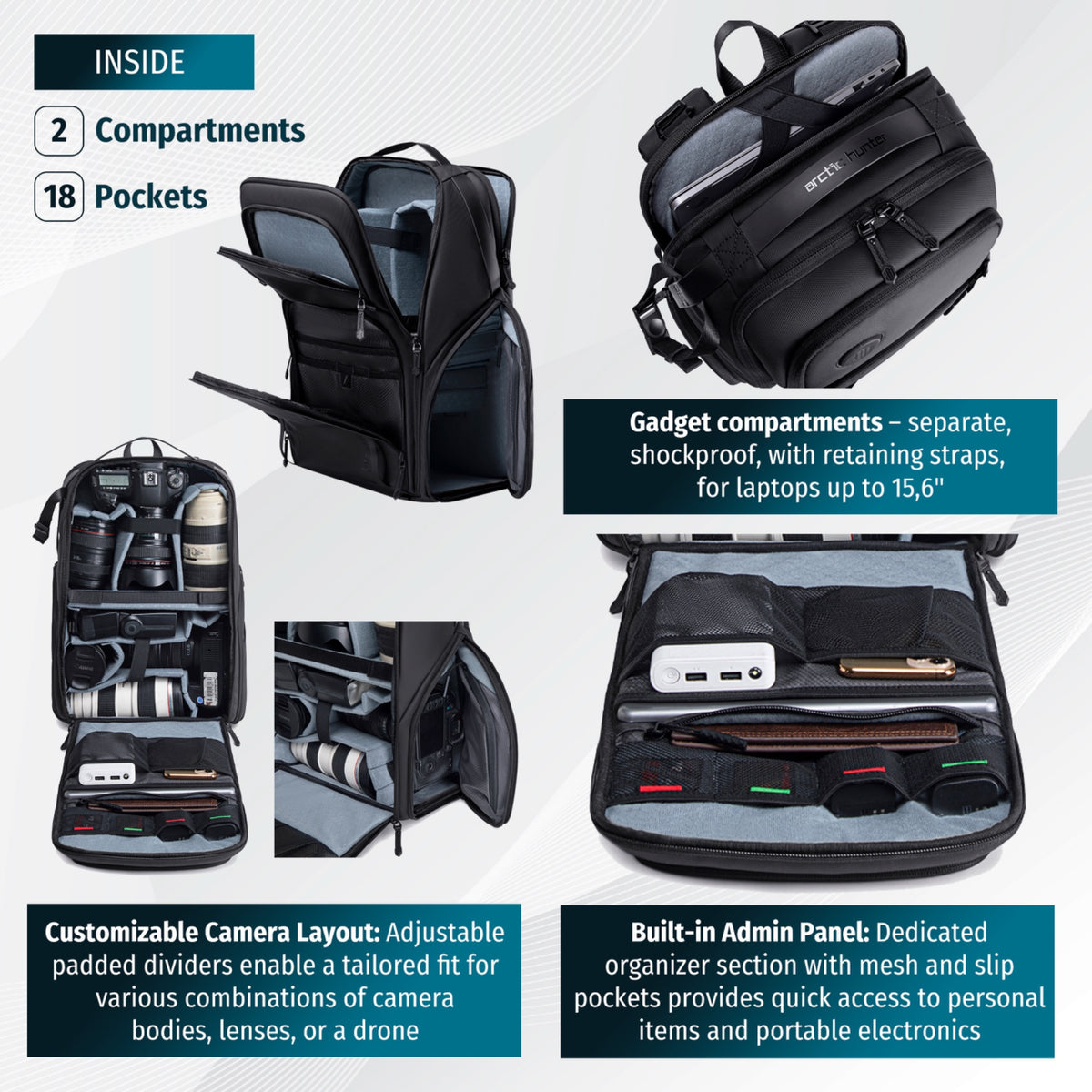 Plecak fotograficzny Arctic Hunter na drona i aparat | Laptop 15.6" | Mocowanie na statyw | Przegrody modułowe – Czarny