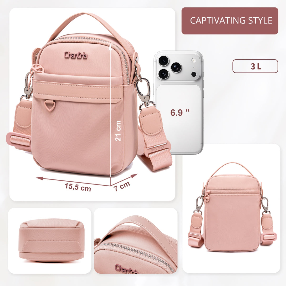 Torebka damska przez ramię crossbody Chantria | Na telefon, dokumenty i niezbędne drobiazgi | Wodoodporny nylon – Pudrowy róż