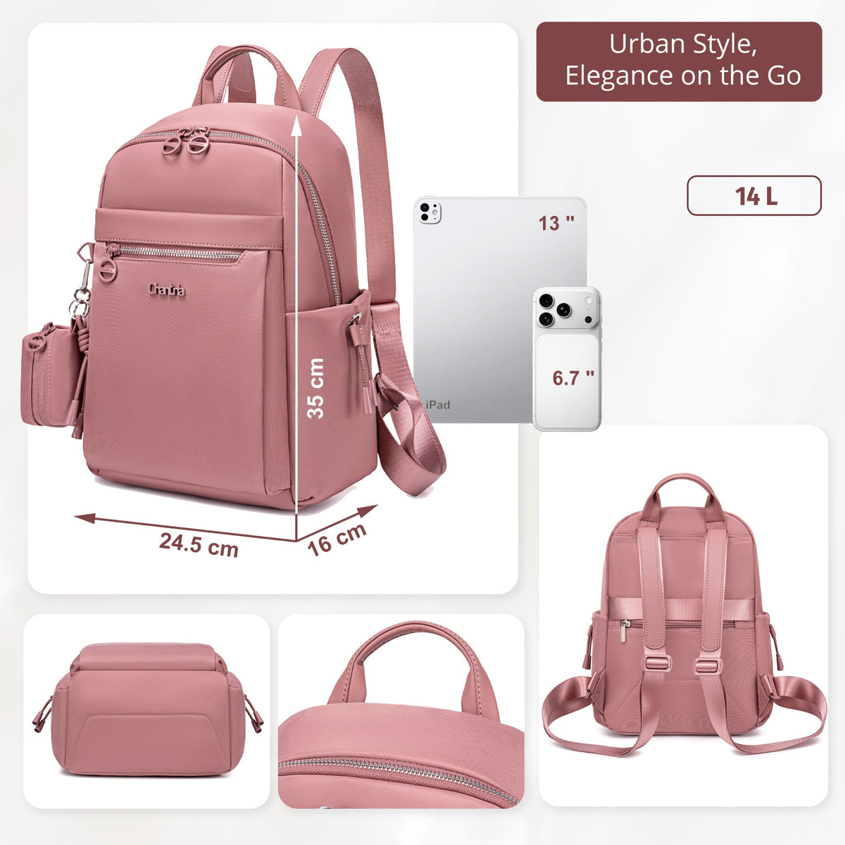 Compact Women's City Backpack Chantria Elegant | Fits iPad & Essentials | With Clip-On Earbuds Case | Smart Pockets | Luggage Strap – Antique Rose